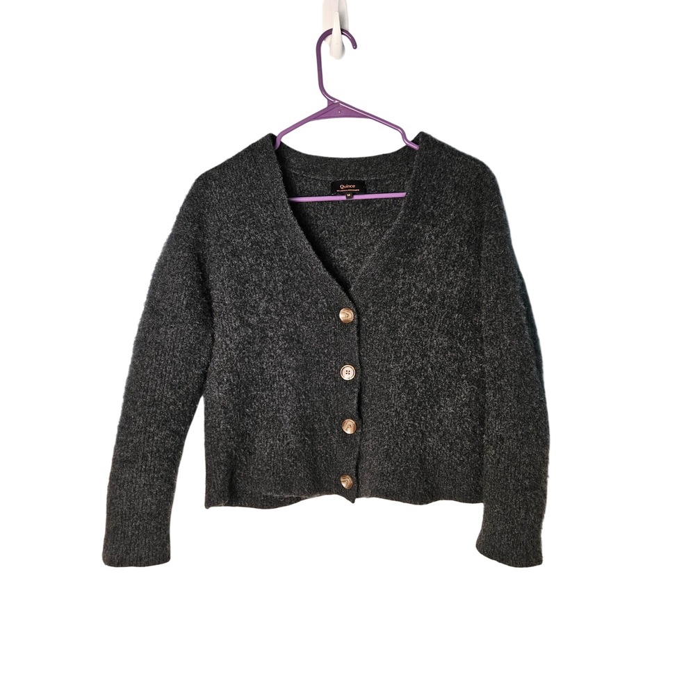 Quince Mongolian Cashmere Crop Button Cardigan Boxy Fisherman Dark Gray Medium